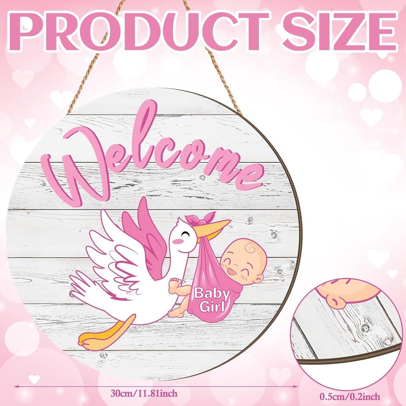 Chunful Baby Girl Door Sign Gender Reveal Welcome Sign Hanging Wreath Round Rustic Wood Farmhouse Decorations Holiday Front Door Decor for Baby Shower Porch Party Supplies - Image 2